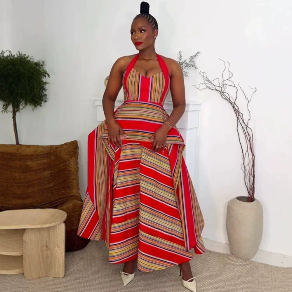 ZARA African Striped Skirt and Long Halter Tube Top with Sash Two Piece Set